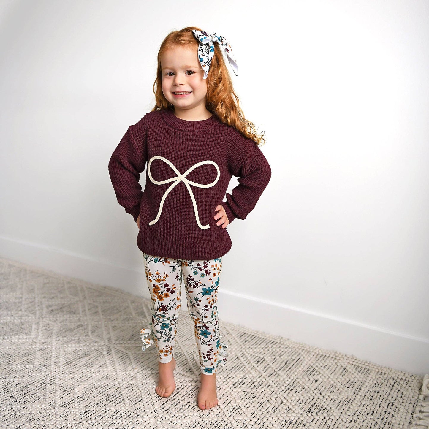 Coquette Maroon Chunky Knit Baby Sweater with Cream Bow Detail