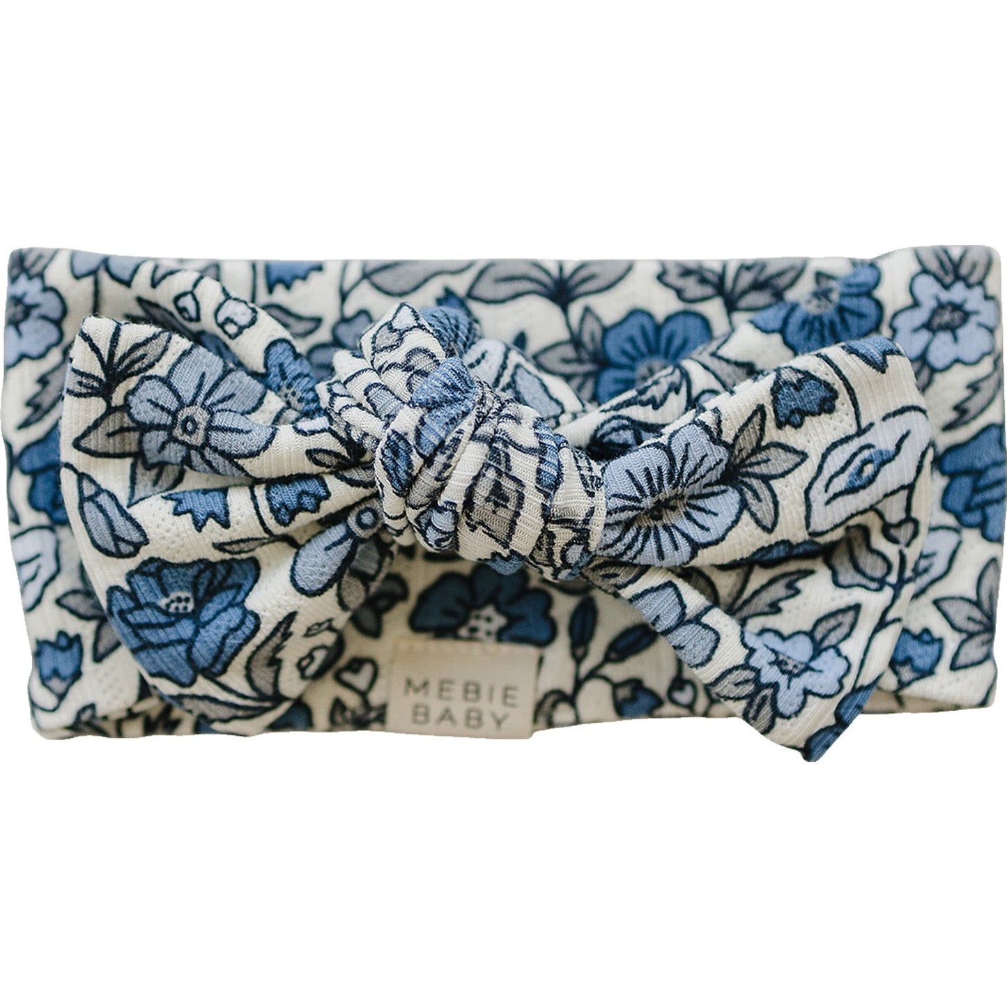 Mebie Baby floral bow headband in blue and white print