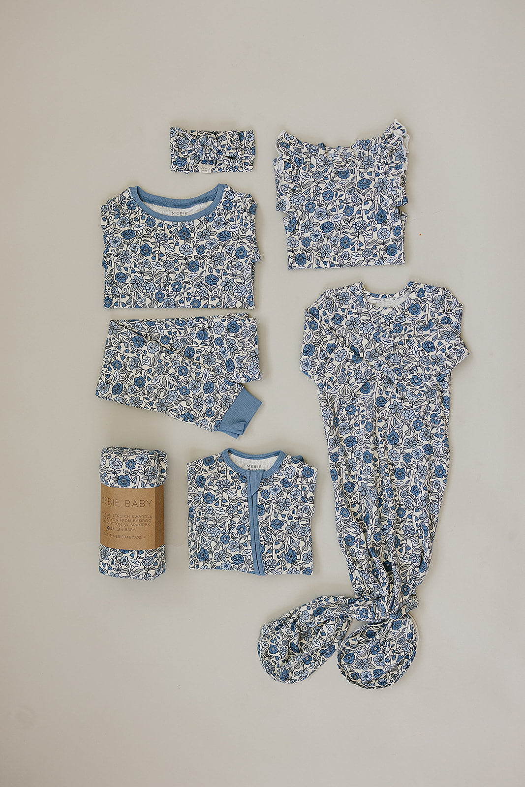 Mebie Baby bamboo swaddle in blue and white flower pattern