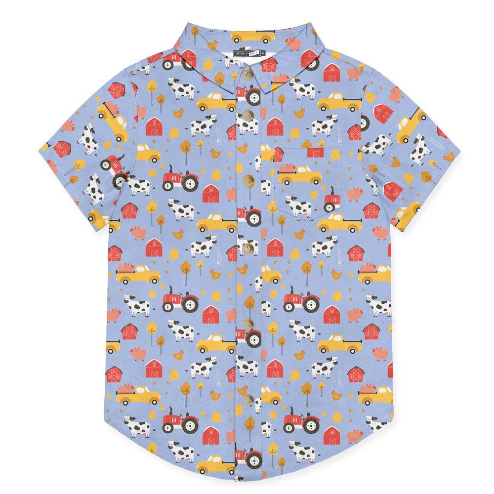 Boys Collared Button Down Shirt with a classic farm print. Farm Boys Shirt, Western boys shirt
