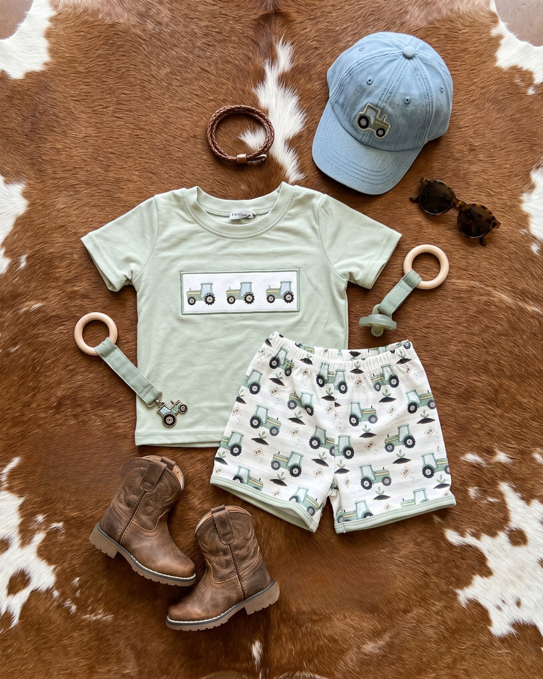 Boys tractor outfit set with green shirt and farm print shorts, comfortable kids outfit for everyday wear