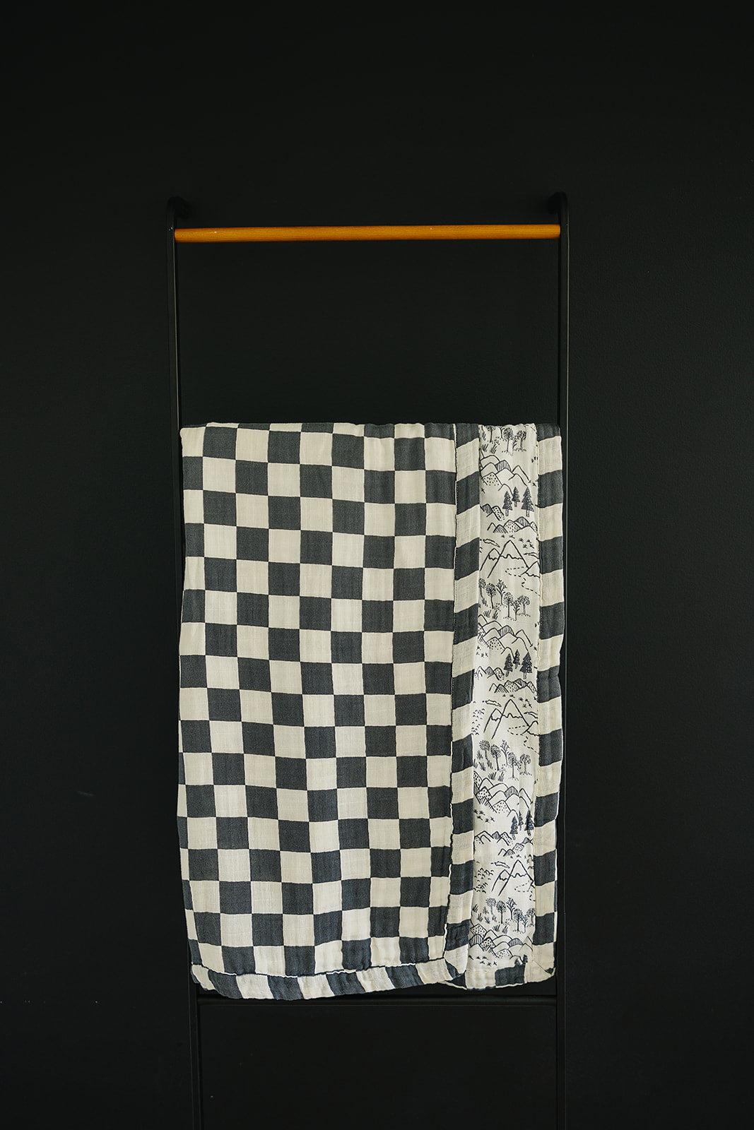 Charcoal Checkered Muslin Quilt with summit mountain print by Mebie Baby