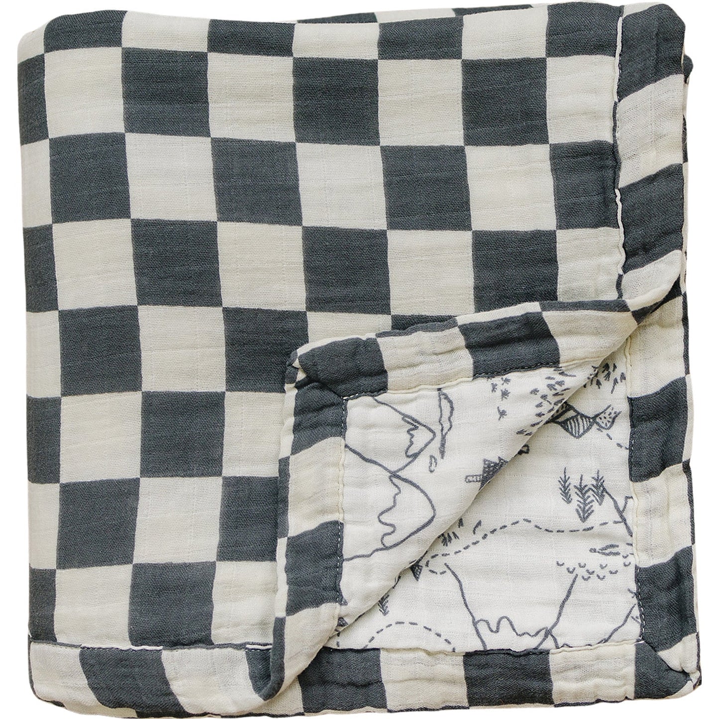 Charcoal Checkered Muslin Quilt with summit mountain print by Mebie Baby