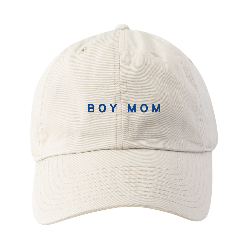 Cream baseball cap with navy embroidered lettering "boy mom"