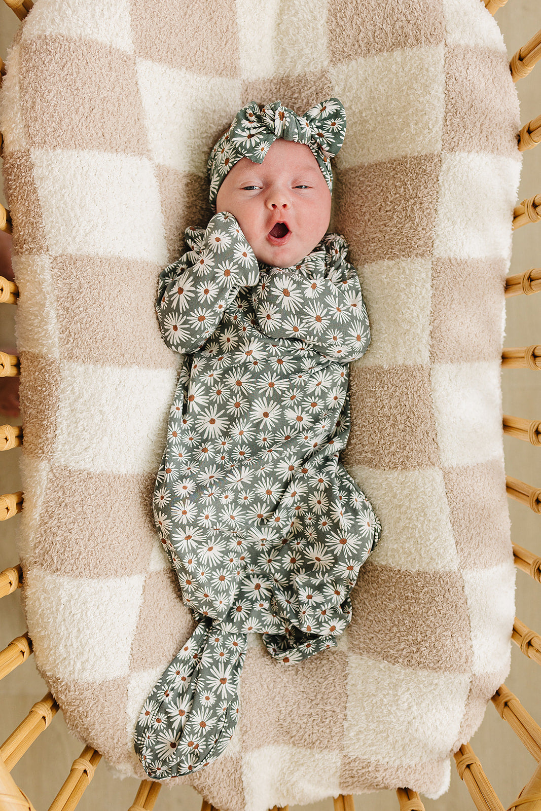 Dark Green Daisy Floral Bamboo baby knot gown by Mebie Baby