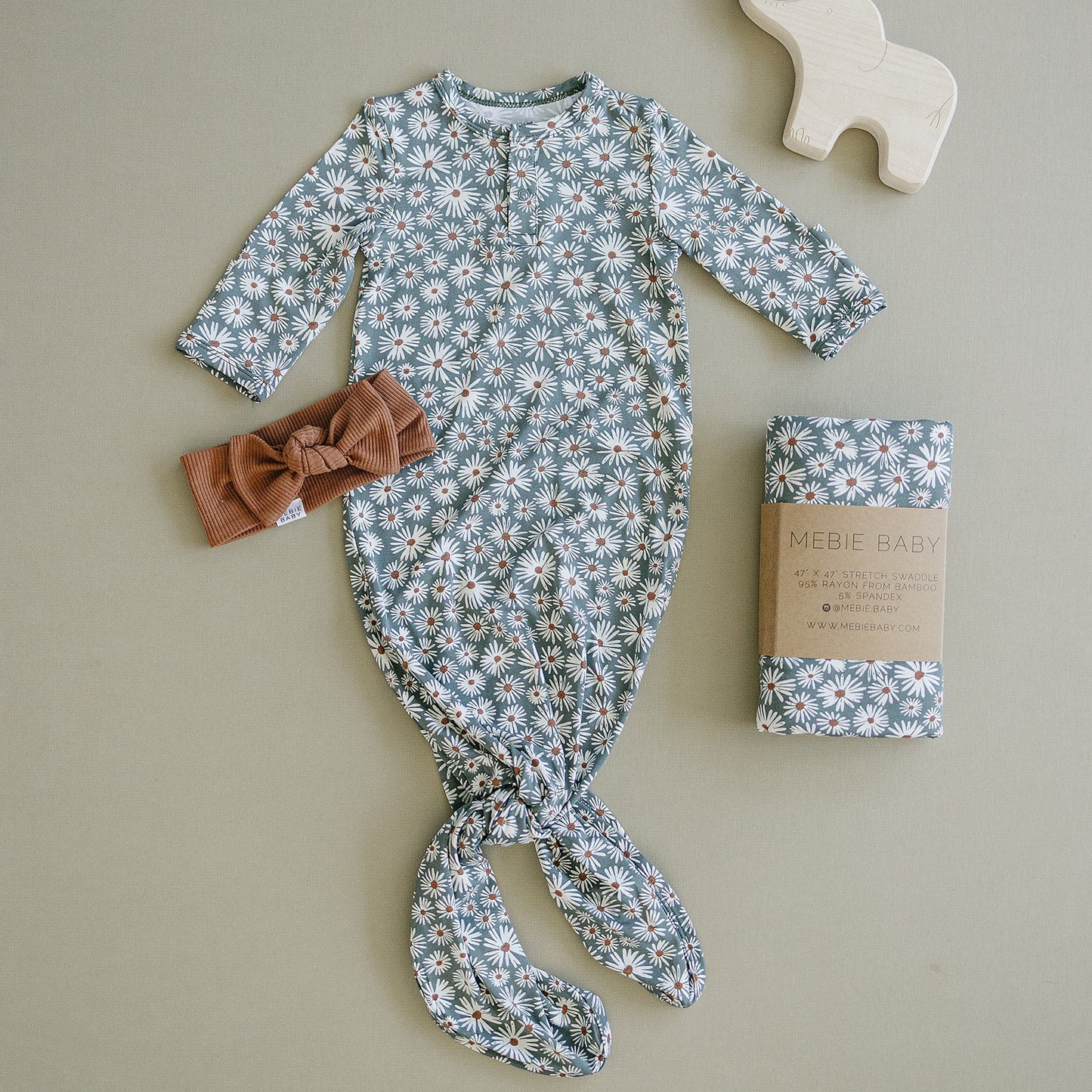 Dark Green Daisy Floral Bamboo baby knot gown by Mebie Baby