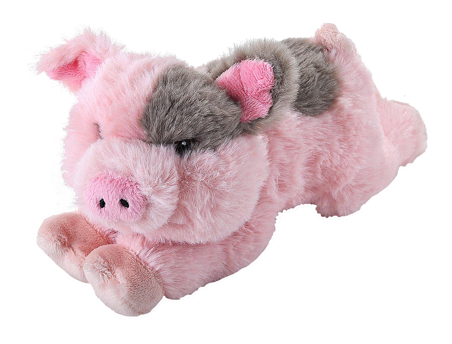 Plush toy pig with pink and gray colors on a white background
