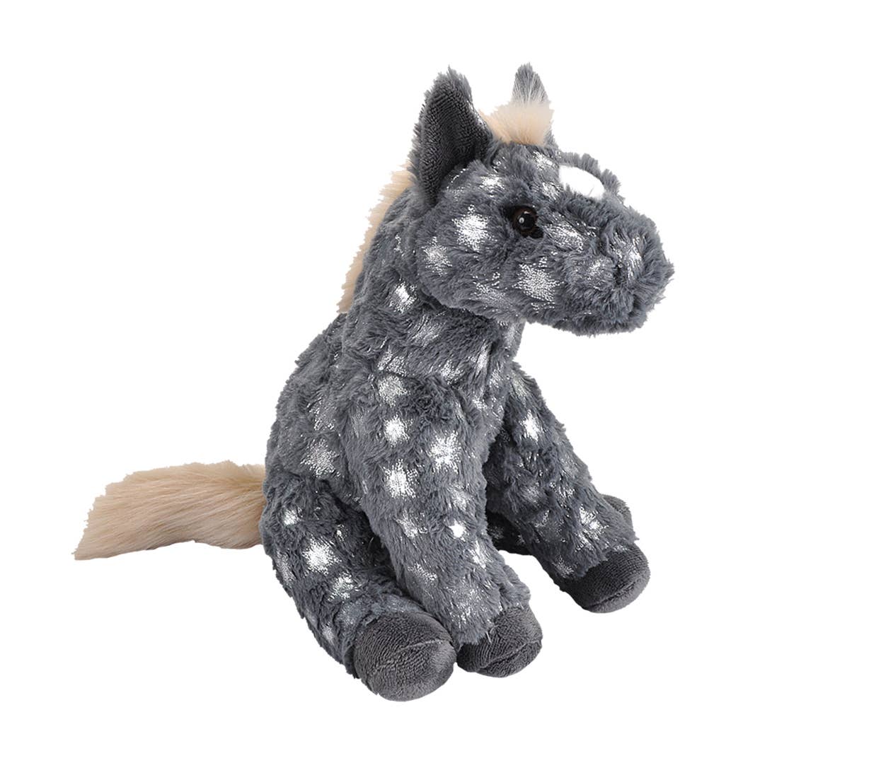 Plush toy unicorn with gray body and white star patterns on a white background