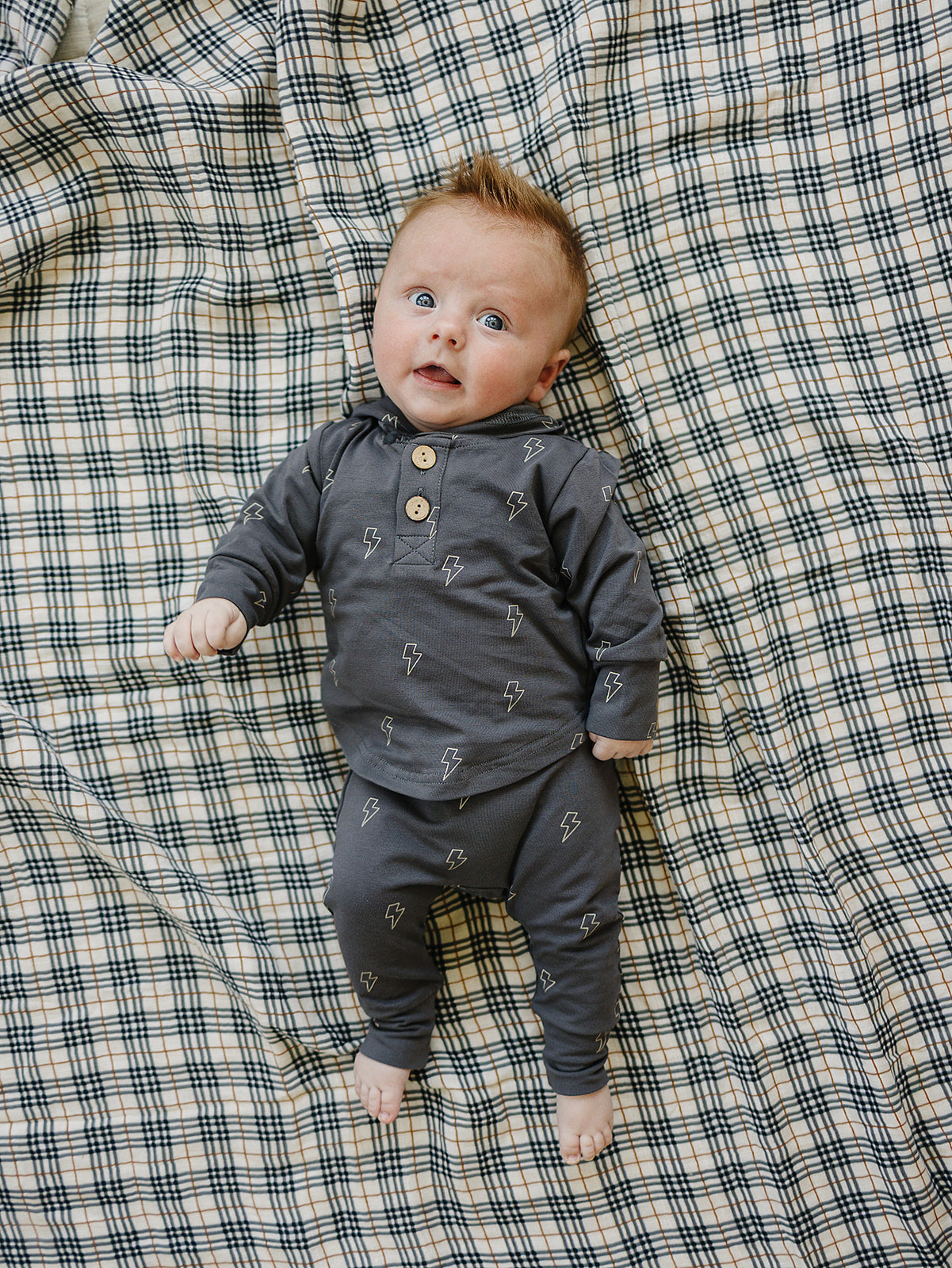Soft cotton hoodie outfit with lightning bolts and drawstring pants