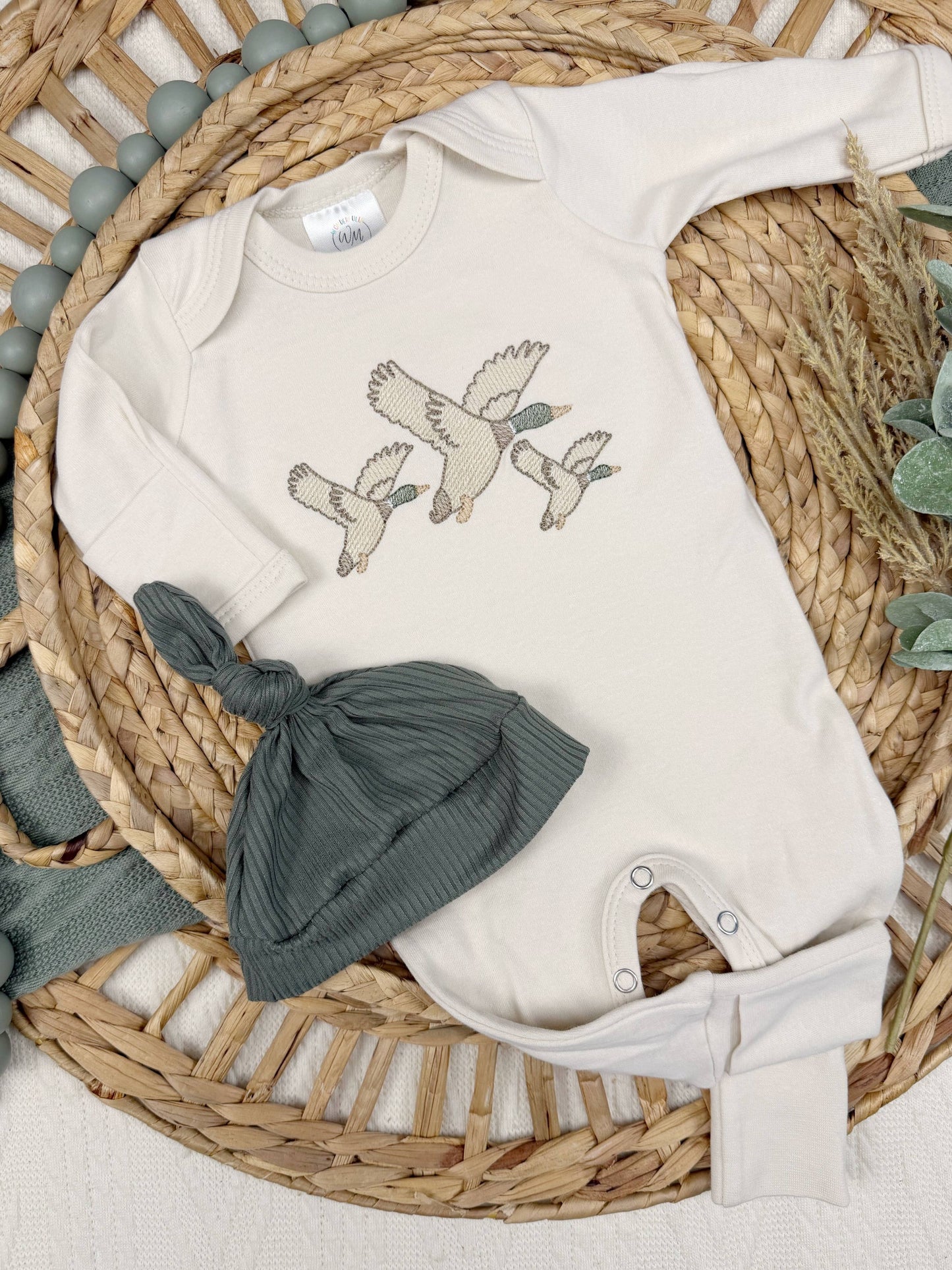 natural cotton romper with embroidered mallard ducks for newborn baby