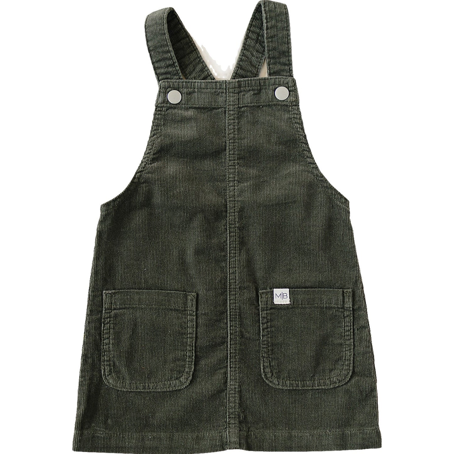 Olive green corduroy overall dress with front pockets