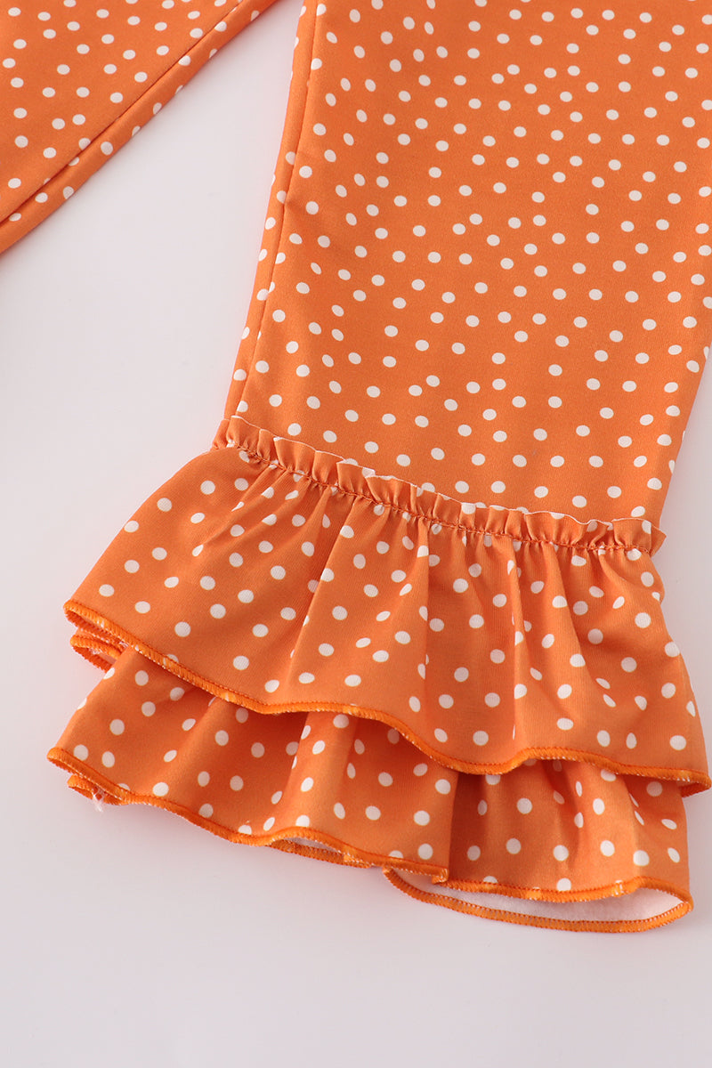 Toddler girl Halloween outfit with pumpkin print tunic and orange polka dot ruffle pants