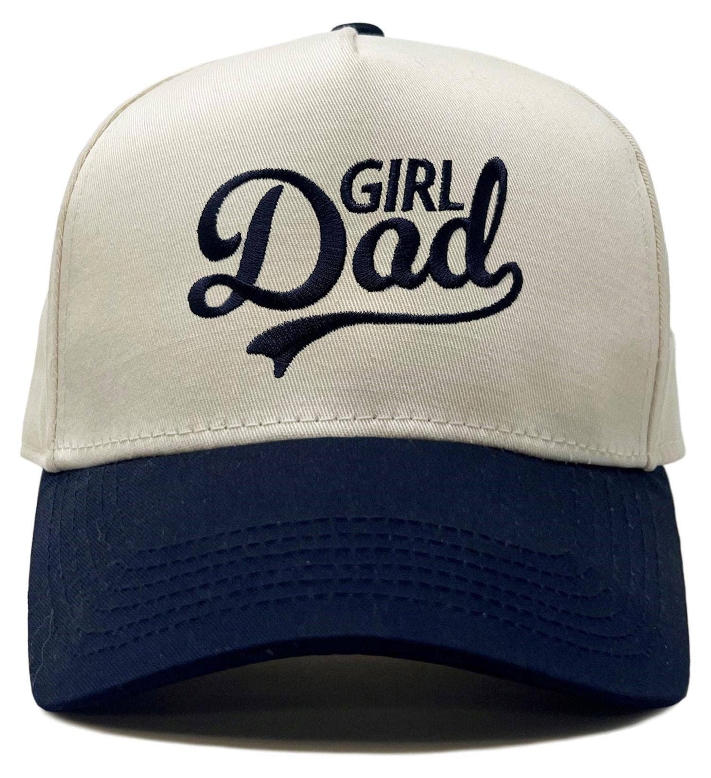 Adult snapback hat for Dads in Navy and khaki that says "Girl Dad" embroidered on the front)