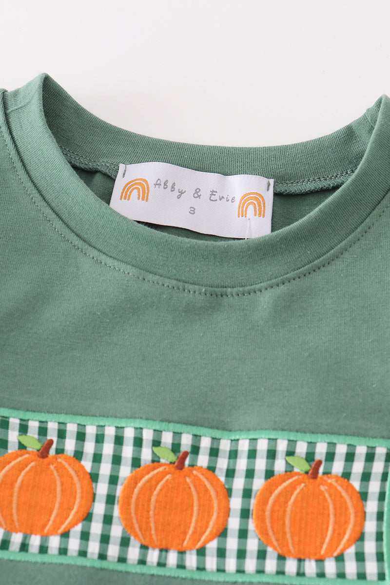 toddler fall outfit with olive pumpkin applique shirt and green gingham pants