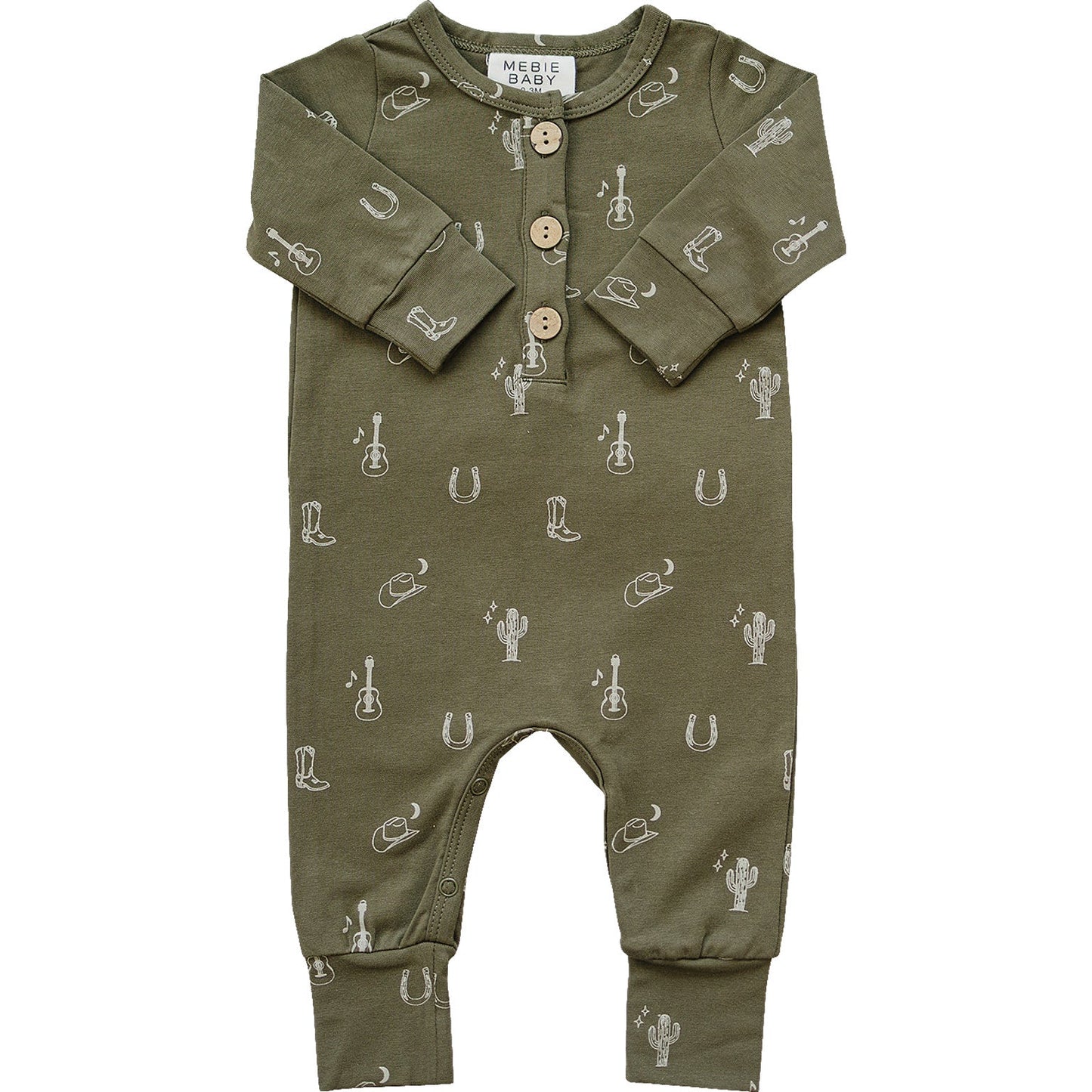 Green baby romper with western patterns on a white background