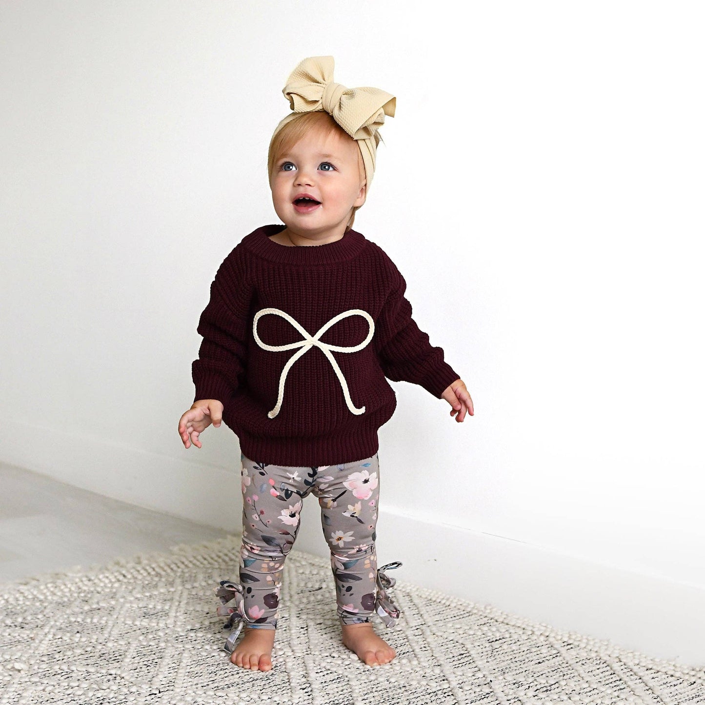 Coquette Maroon Chunky Knit Baby Sweater with Cream Bow Detail