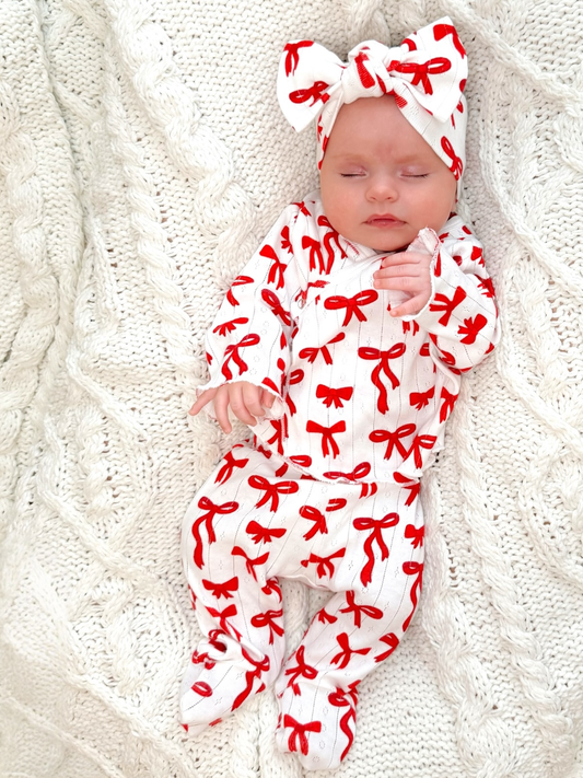 Red Bows Organic Pointelle Newborn Set: Newborn / 0-3