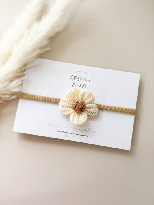 Cream Knit Flower Baby Headband – Soft Neutral Nylon Band for Newborns & Toddlers