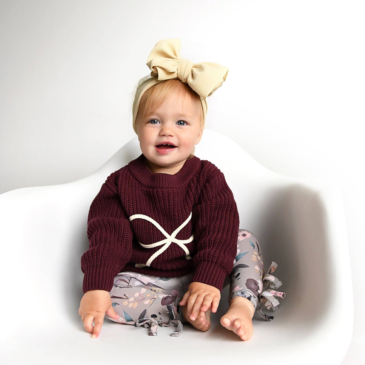 Coquette Maroon Chunky Knit Baby Sweater with Cream Bow Detail