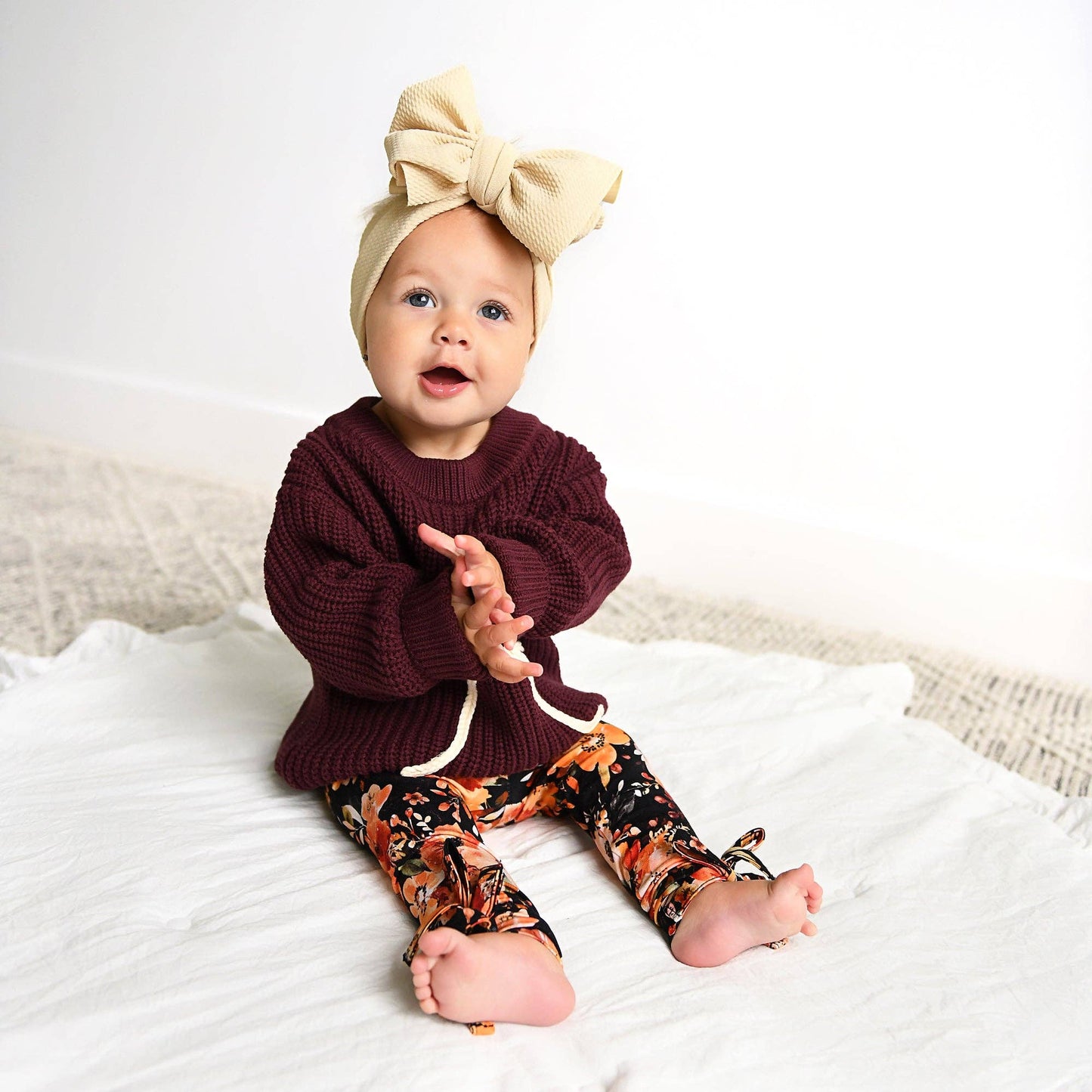 Coquette Maroon Chunky Knit Baby Sweater with Cream Bow Detail