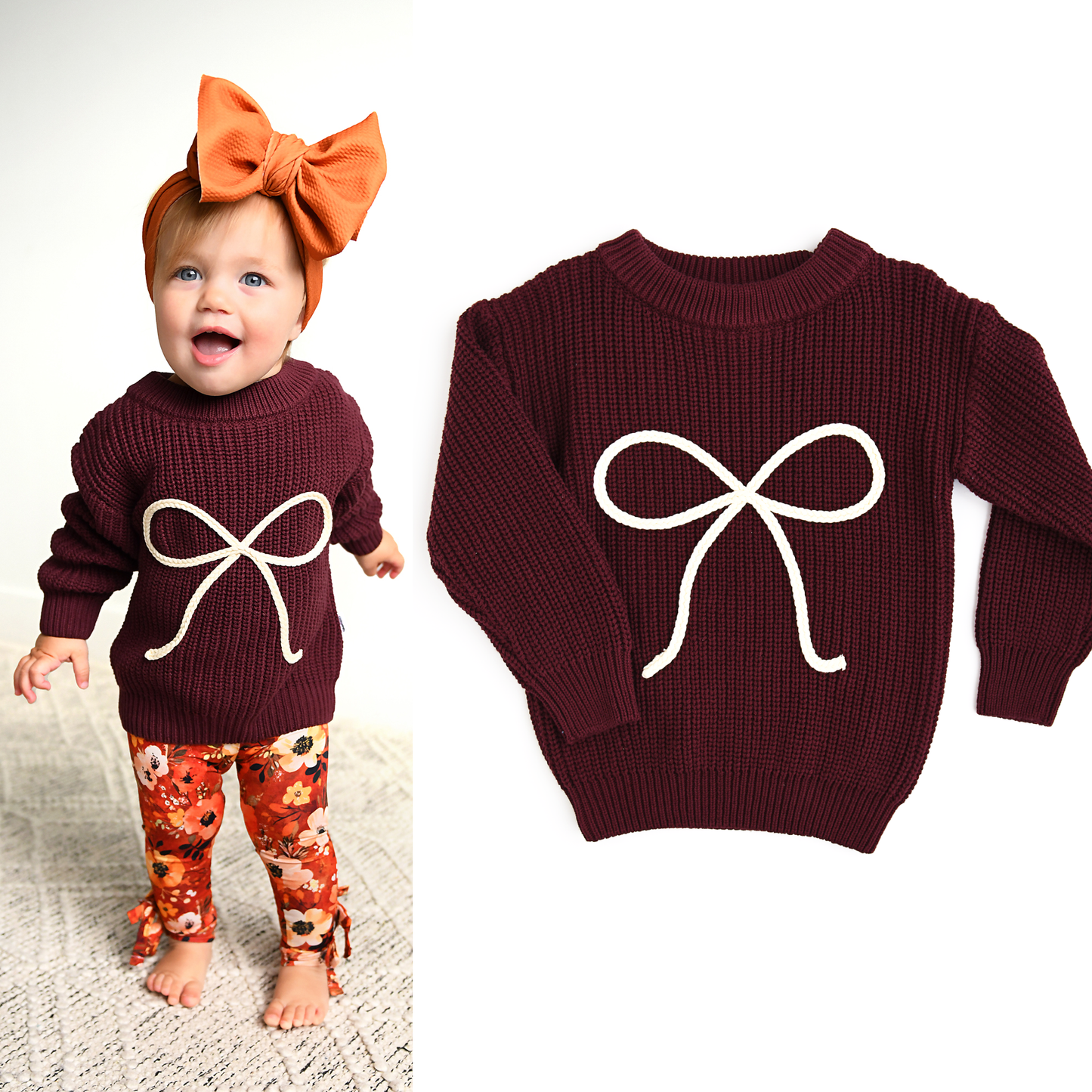 Coquette Maroon Chunky Knit Baby Sweater with Cream Bow Detail