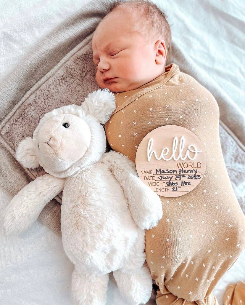 Hello World Birth Announcement Wood Disc