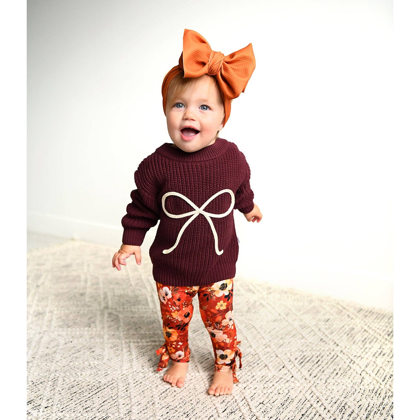 Coquette Maroon Chunky Knit Baby Sweater with Cream Bow Detail