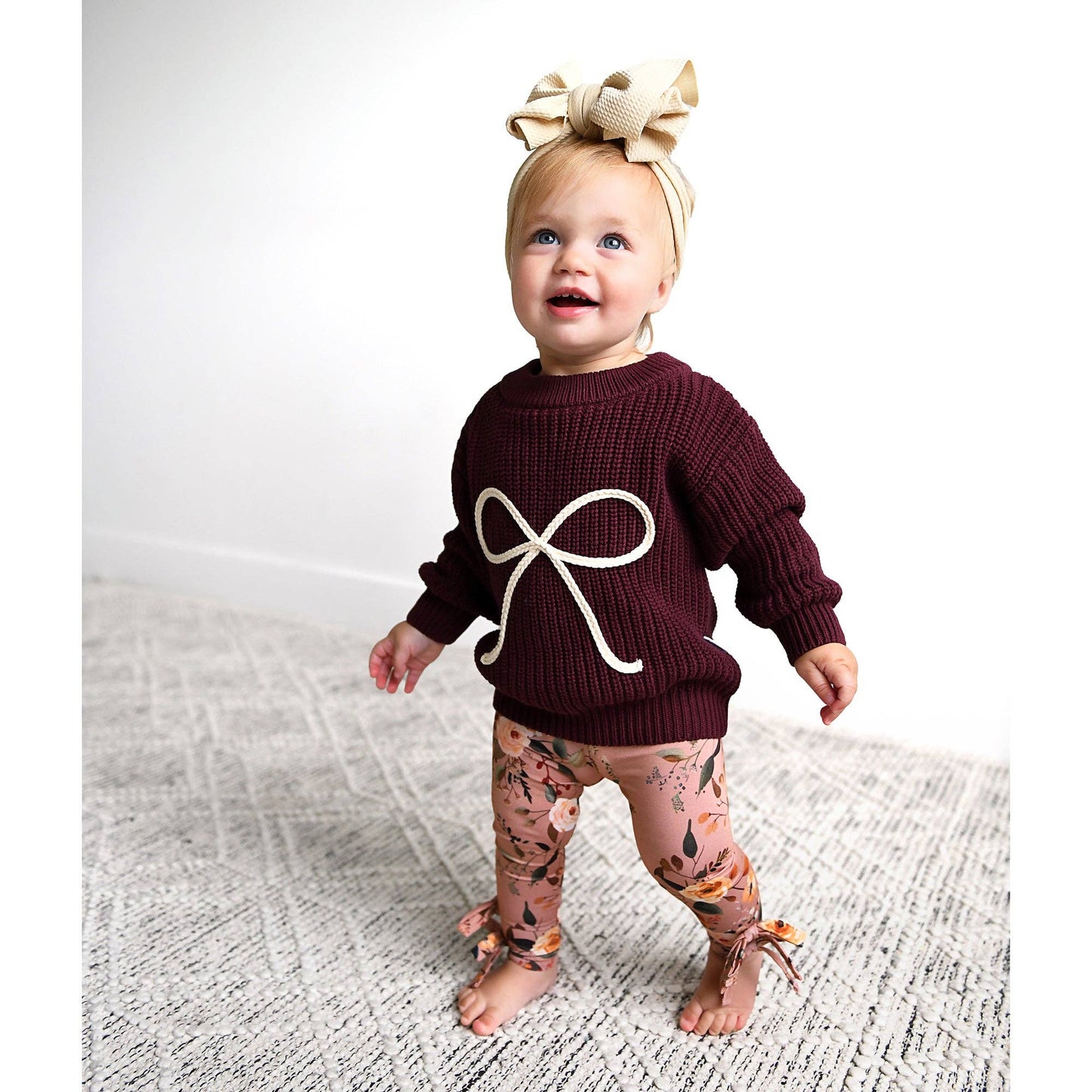 Coquette Maroon Chunky Knit Baby Sweater with Cream Bow Detail