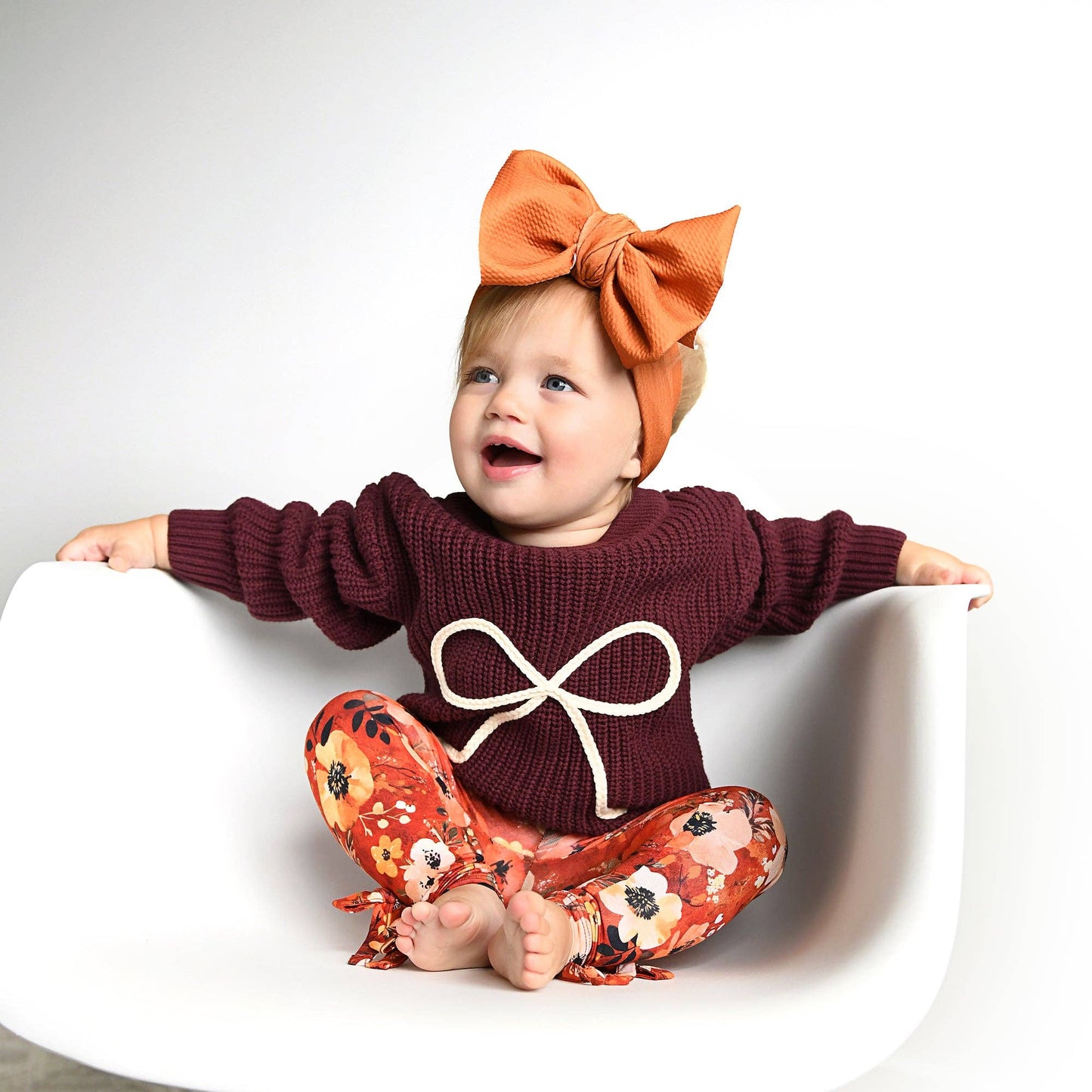 Coquette Maroon Chunky Knit Baby Sweater with Cream Bow Detail