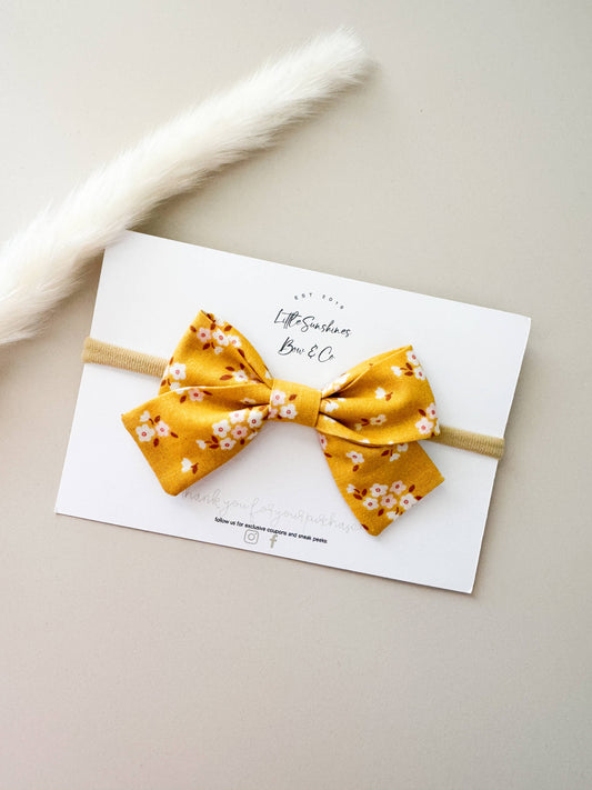 Mustard Floral Baby Bow Headband – Soft Nylon Band