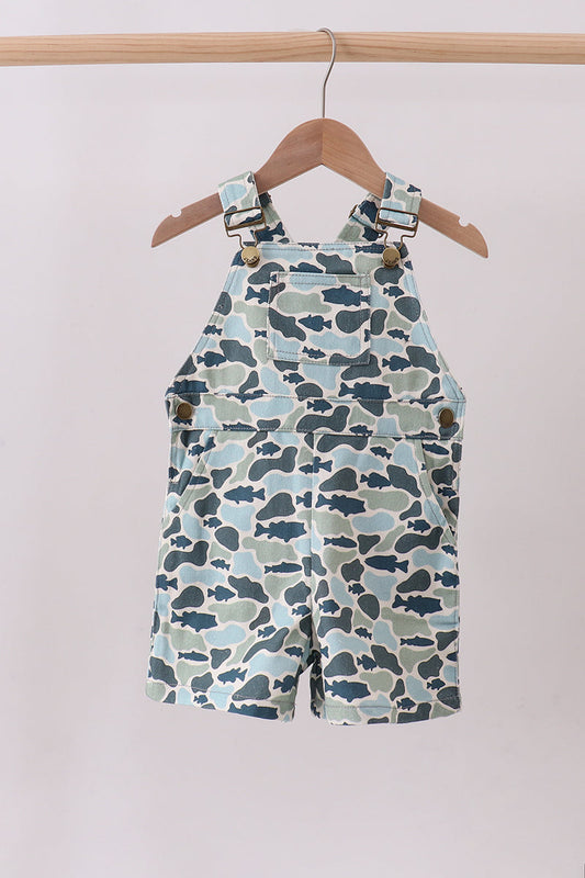 Boys denim camo shortall overalls with fish camouflage print toddler outdoor outfit