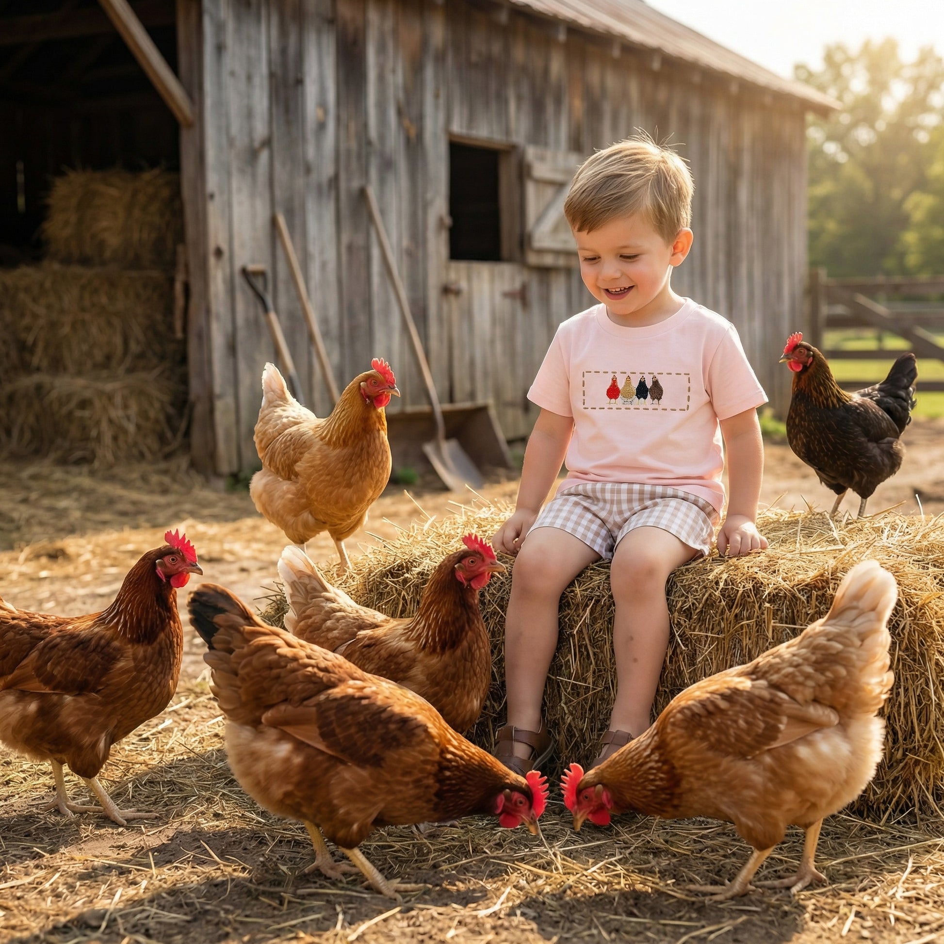 Toddler boys farm outfit with embroidered chicken shirt and beige gingham shorts styled on a toddler in a farm setting