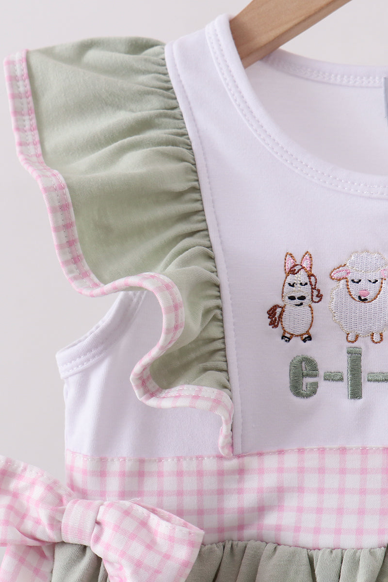 Farm animal embroidered toddler girl outfit with sage green top and pink gingham shorts
