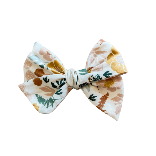 White Bow with autumn floral design, hand tied on nude nylon band
