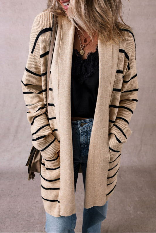 Beige Striped Open-Front Cardigan