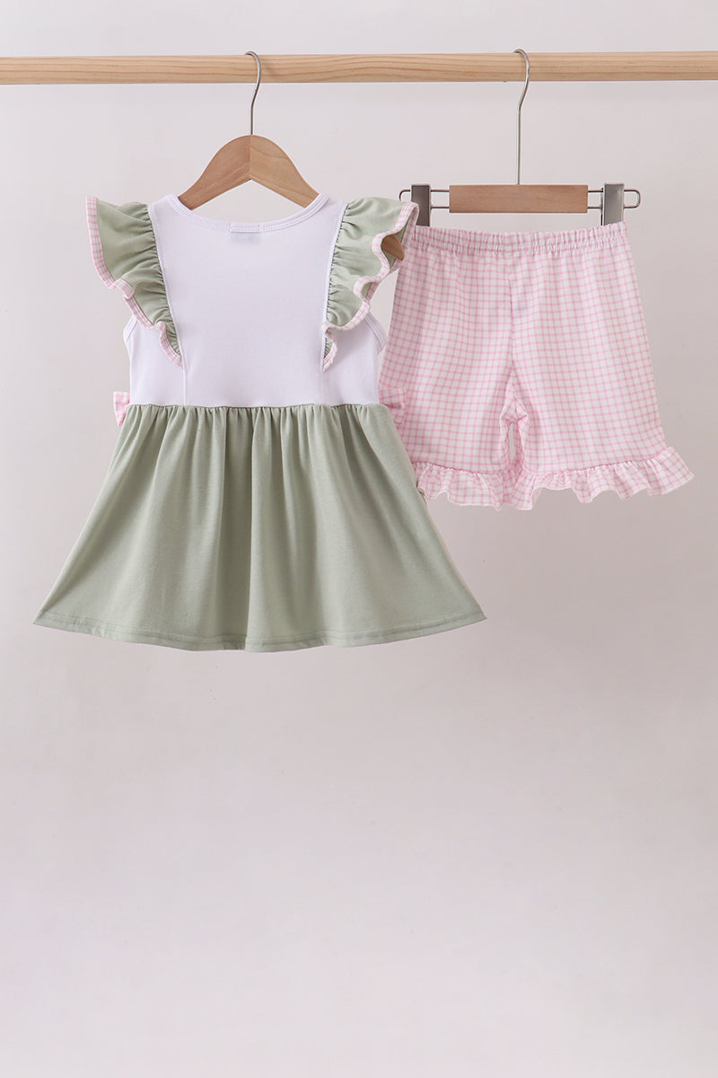 Toddler girl boutique outfit featuring farm animal top and gingham shorts