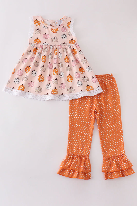 Toddler girl Halloween outfit with pumpkin print tunic and orange polka dot ruffle pants