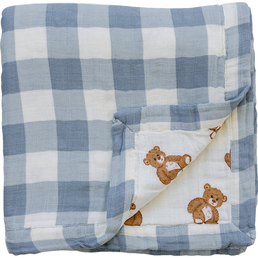 Dusty Blue Gingham + Teddy Bear Muslin Quilt