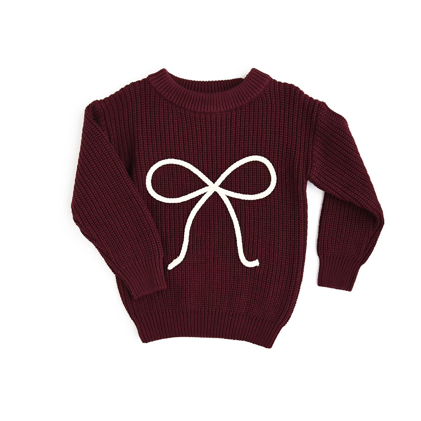 Coquette Maroon Chunky Knit Baby Sweater with Cream Bow Detail