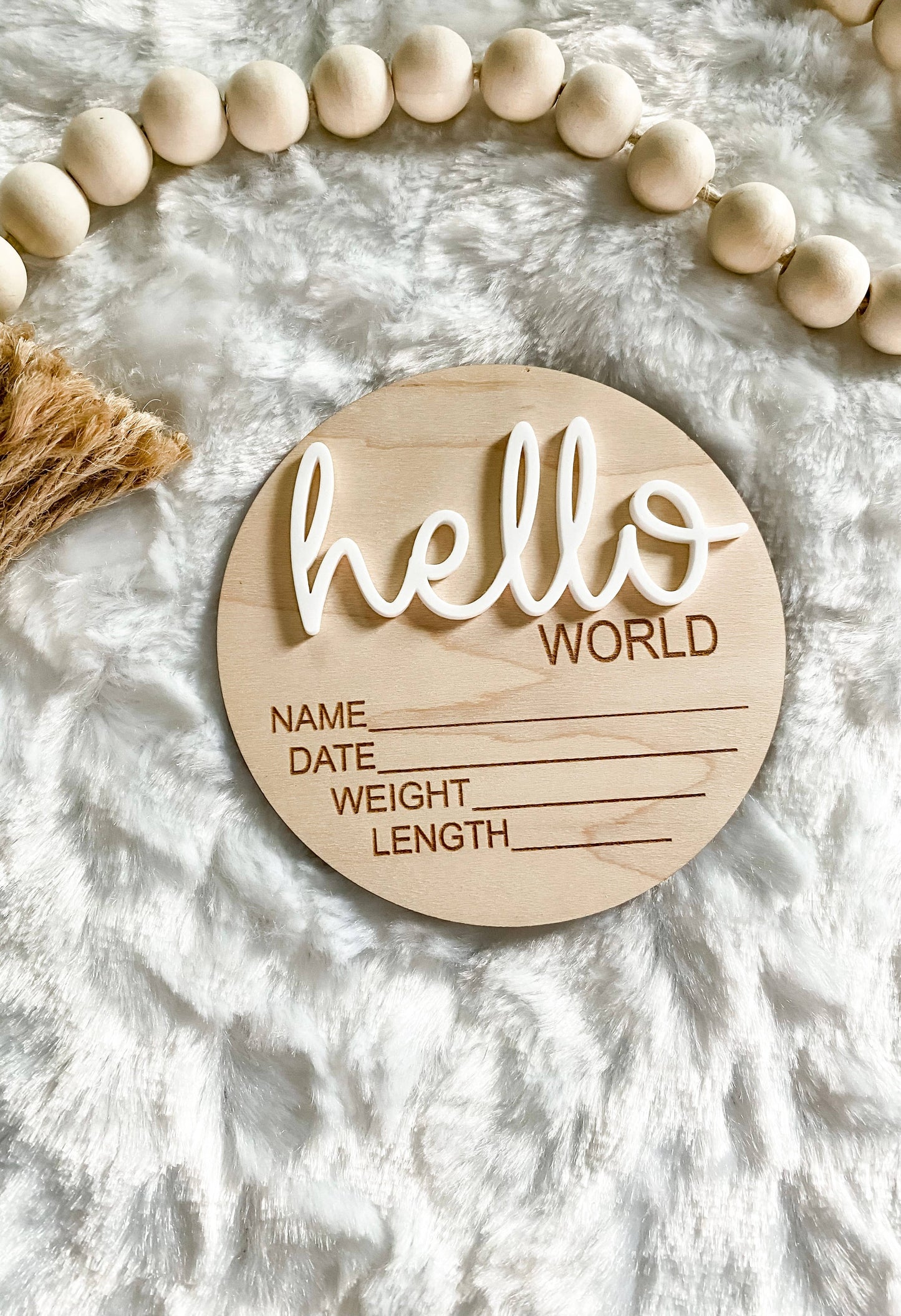 Hello World Birth Announcement Wood Disc