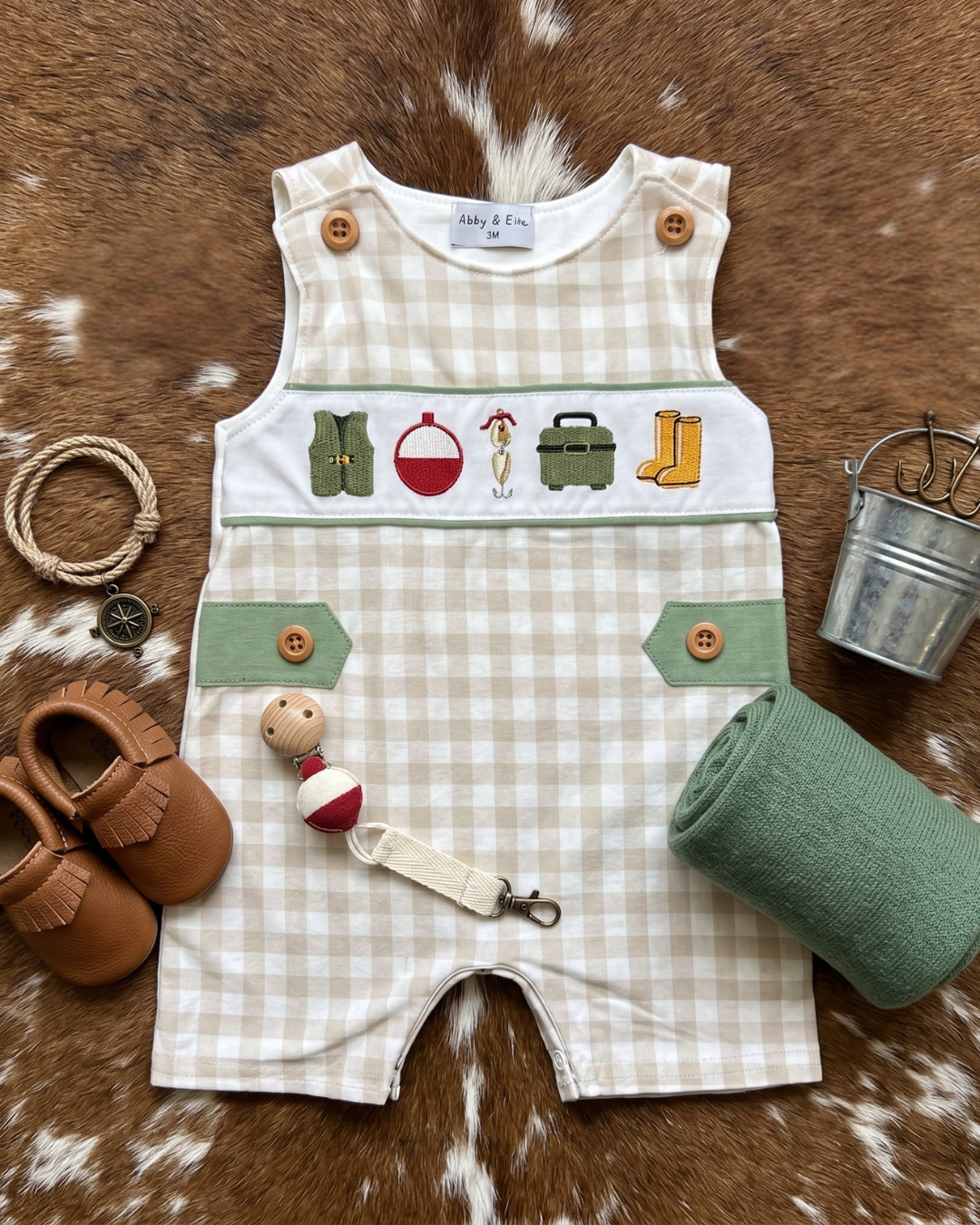Baby boy fishing bubble romper with gingham print and embroidered outdoor details, classic baby outfit