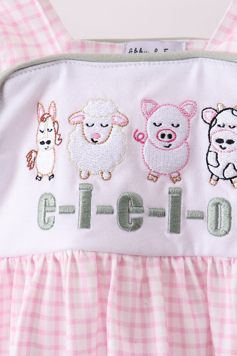 Baby girl boutique outfit featuring pink gingham farm animal top and bloomers