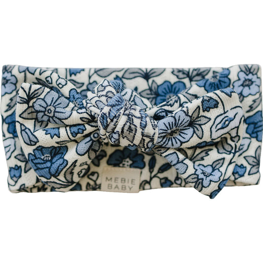 Mebie Baby floral bow headband in blue and white print