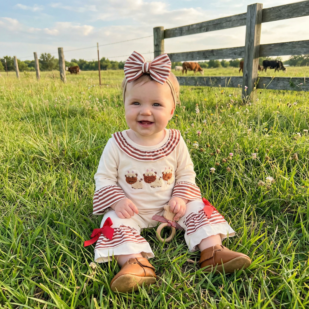 Baby girl wearing western themed, highland cow smocked ruffle romper in grass pasture