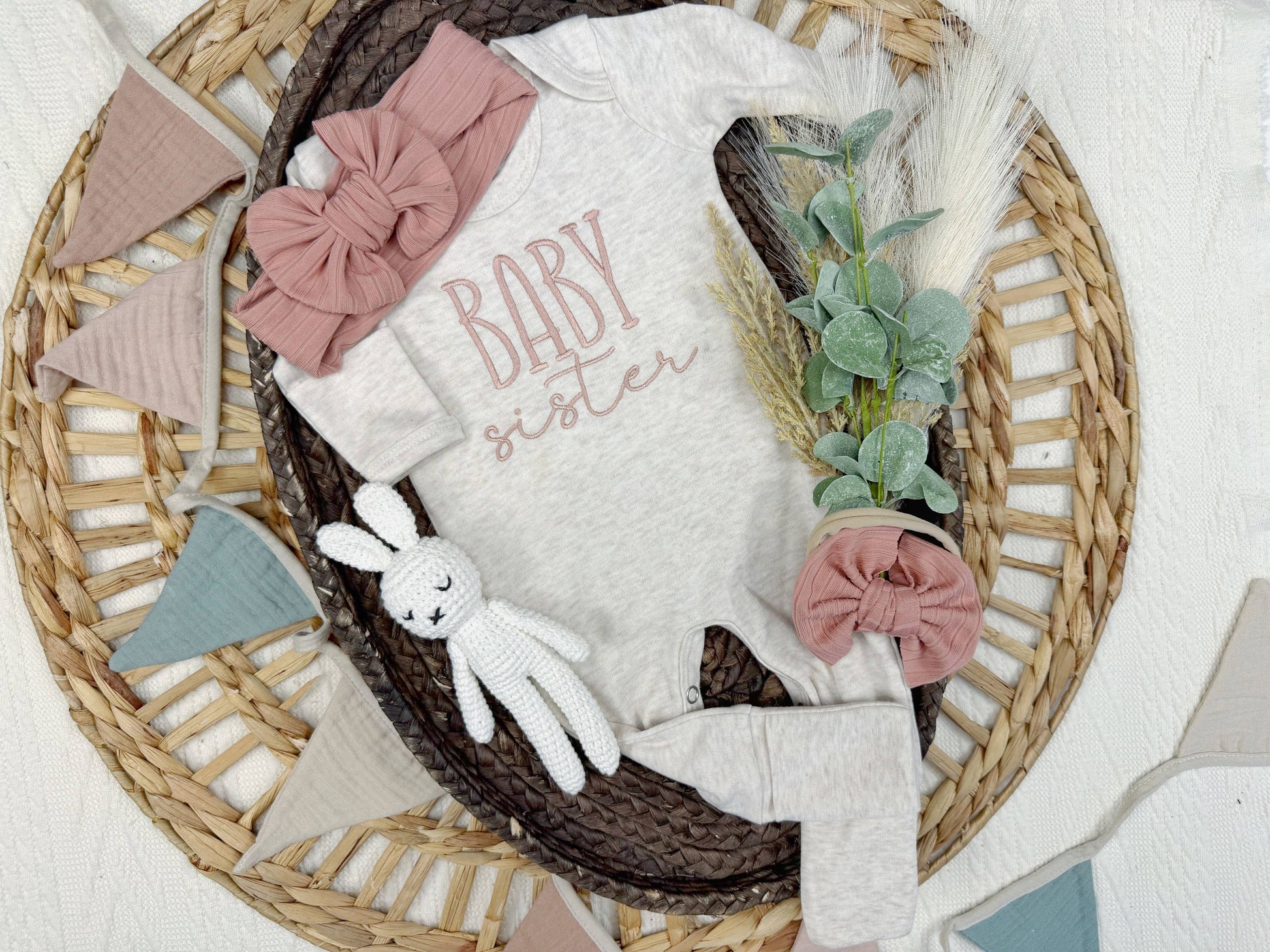 Baby Sister embroidered footie and bow set for baby shower gift