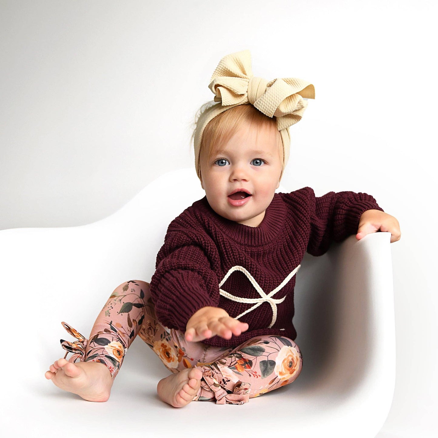 Coquette Maroon Chunky Knit Baby Sweater with Cream Bow Detail