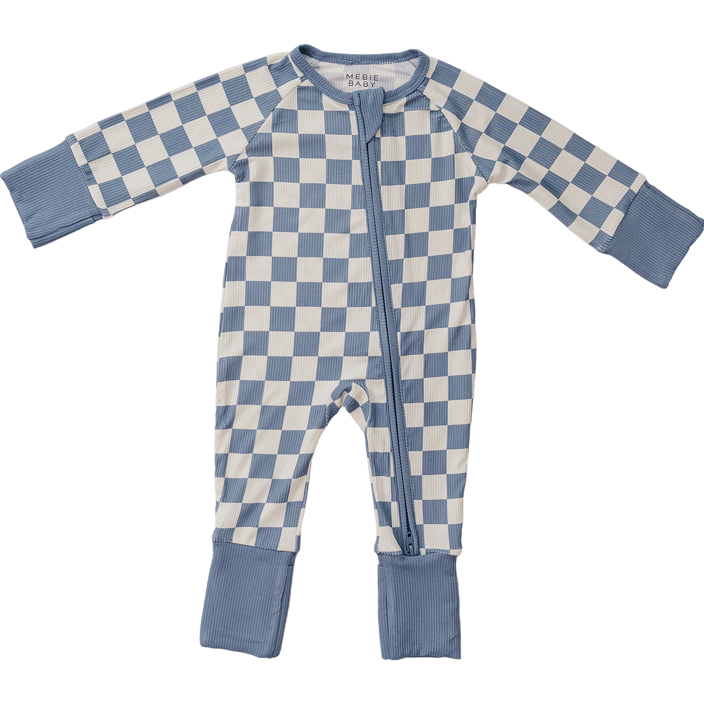 Blue checkered bamboo baby zipper pajamas, soft footed sleeper with double zipper for easy diaper changes