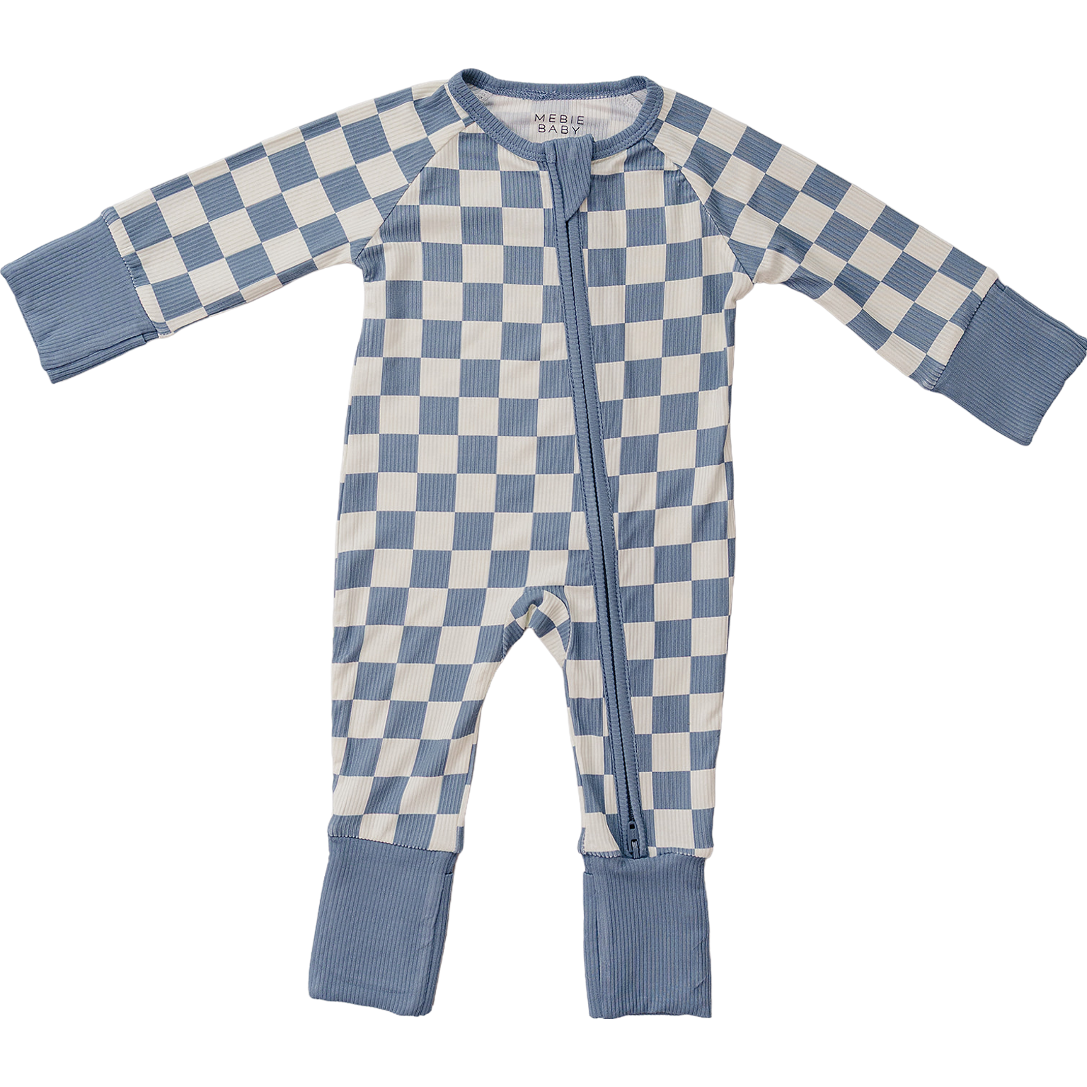 Blue checkered bamboo baby zipper pajamas, soft footed sleeper with double zipper for easy diaper changes