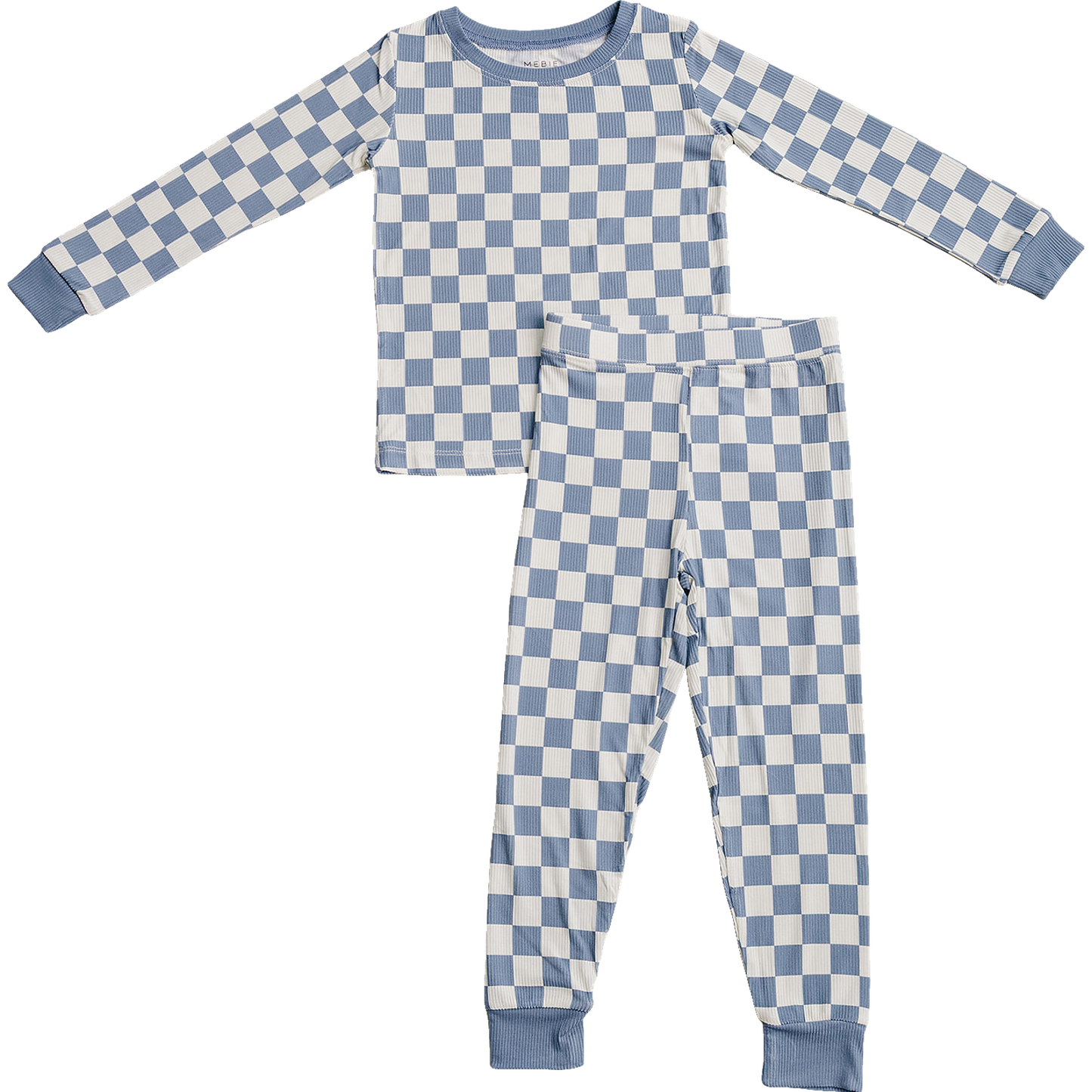 Blue checkered bamboo cozy set for babies and kids, soft ribbed two-piece outfit from McKay and Rae boutique