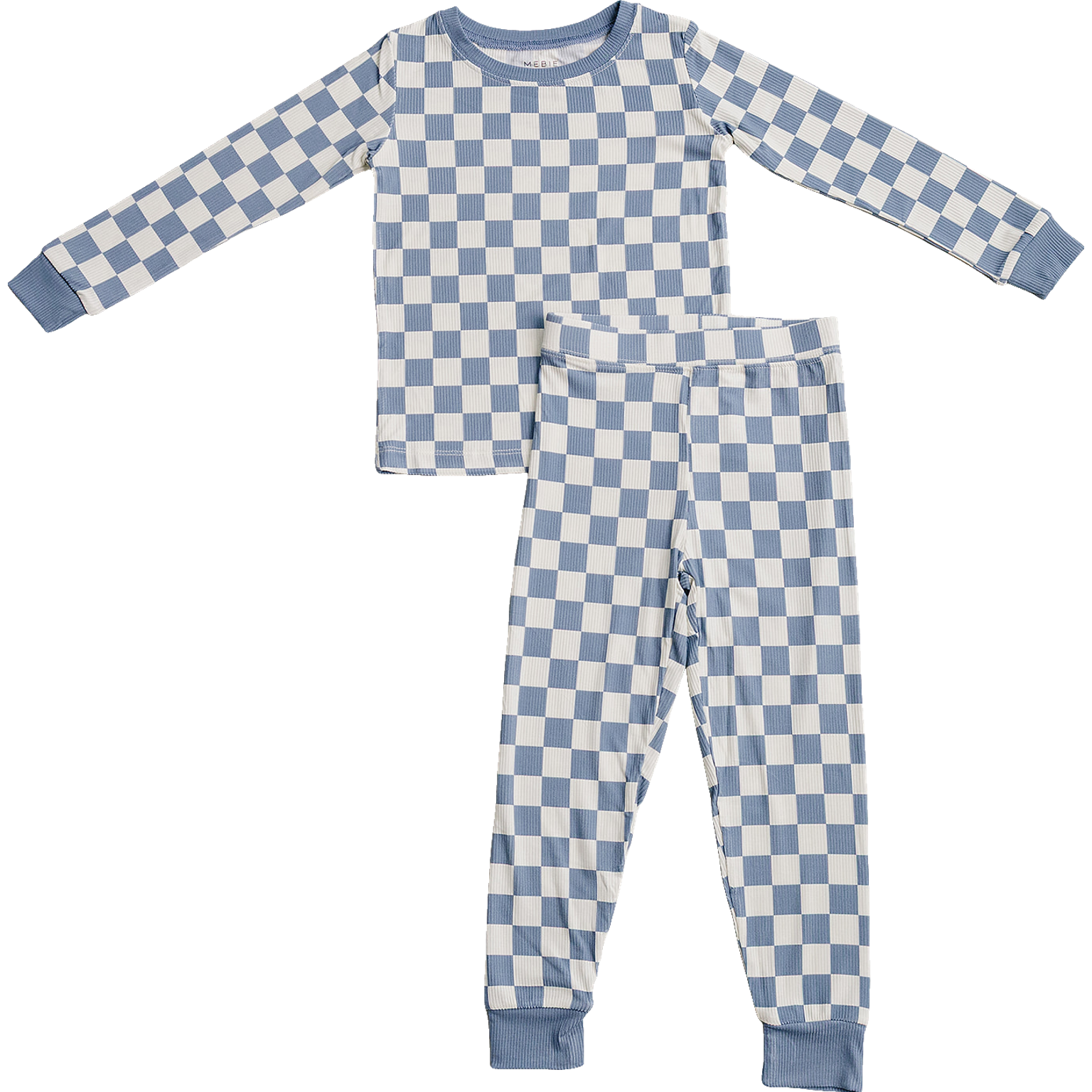 Blue checkered bamboo cozy set for babies and kids, soft ribbed two-piece outfit from McKay and Rae boutique